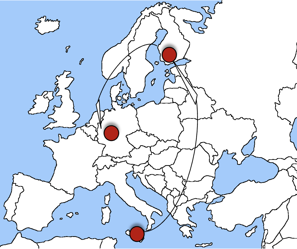 Map showing Catania, Helsinki, and Heidelberg